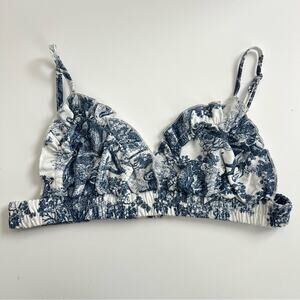Commense toile print ruffle bralette top blue white